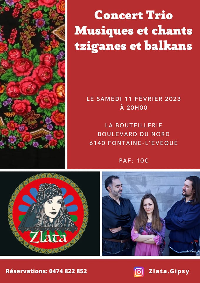 Affiche. Photo trio. Fontaine-l|Évêque. Zlata (musiques tziganes, balkans, pays de l|est). Photo Violaine Alghisi. 2023-02-11